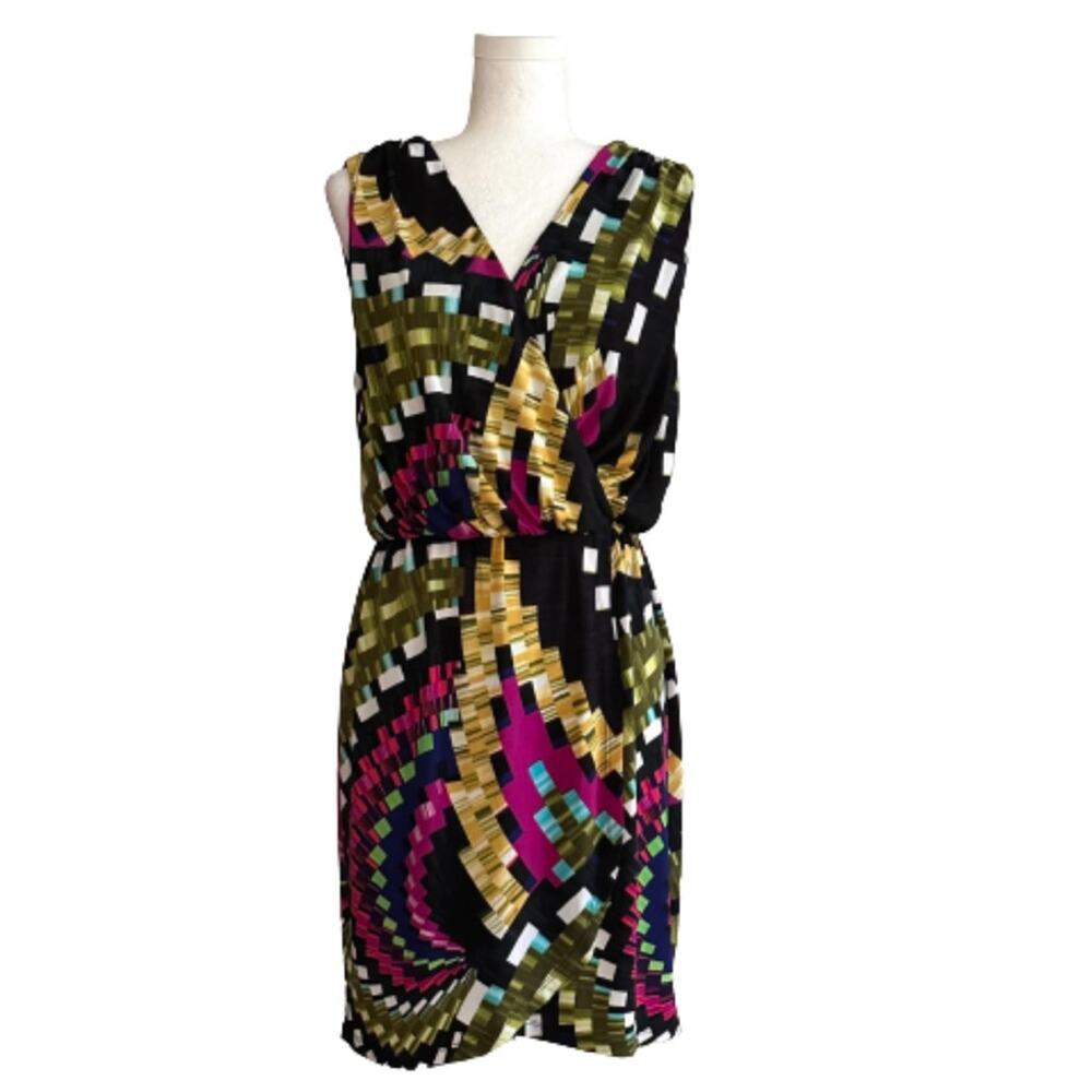 London Times Dress Sleeveless V-Neck Draped Faux Wrap Kaleidoscope Print Size 6